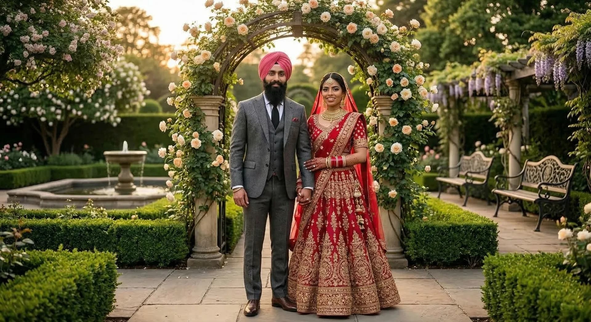 Bride in red wedding attire and groom in a grey suit and pink turban beneath a flower-covered garden arch